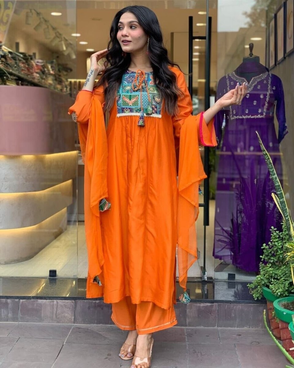 Women's Orange Anarkali Suit – Flared Gown Style, Stitched & Ready to Wear - 001FASHIONFORWARD