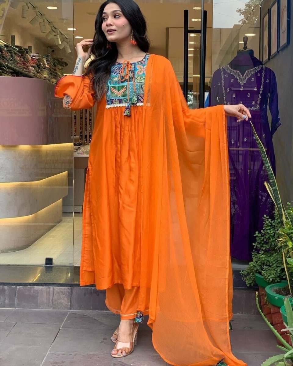 Women's Orange Anarkali Suit – Flared Gown Style, Stitched & Ready to Wear - 001FASHIONFORWARD