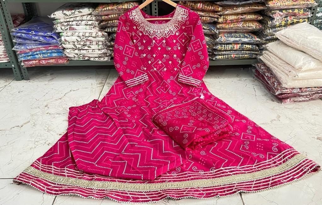 Women’s Pink Cotton Anarkali Gown suit Kurta – Floral Printed Flared Long Dress - 001FASHIONFORWARD