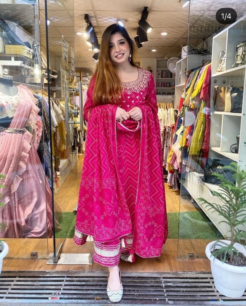 Women’s Pink Cotton Anarkali Gown suit Kurta – Floral Printed Flared Long Dress - 001FASHIONFORWARD