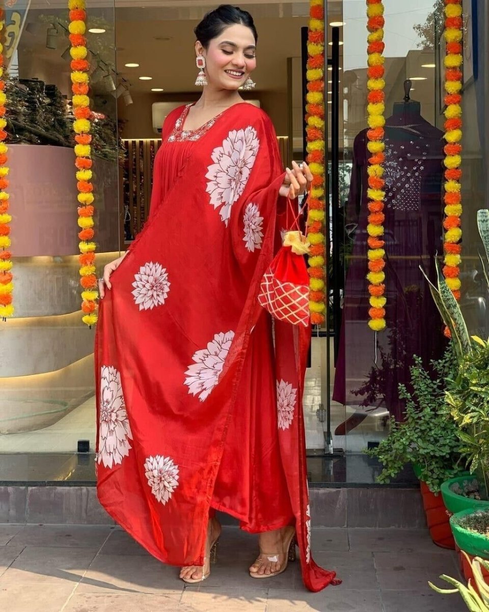 Women’s Red Cotton Anarkali Gown Suit – Bollywood Wear, Pakistani Designer Style - 001FASHIONFORWARD