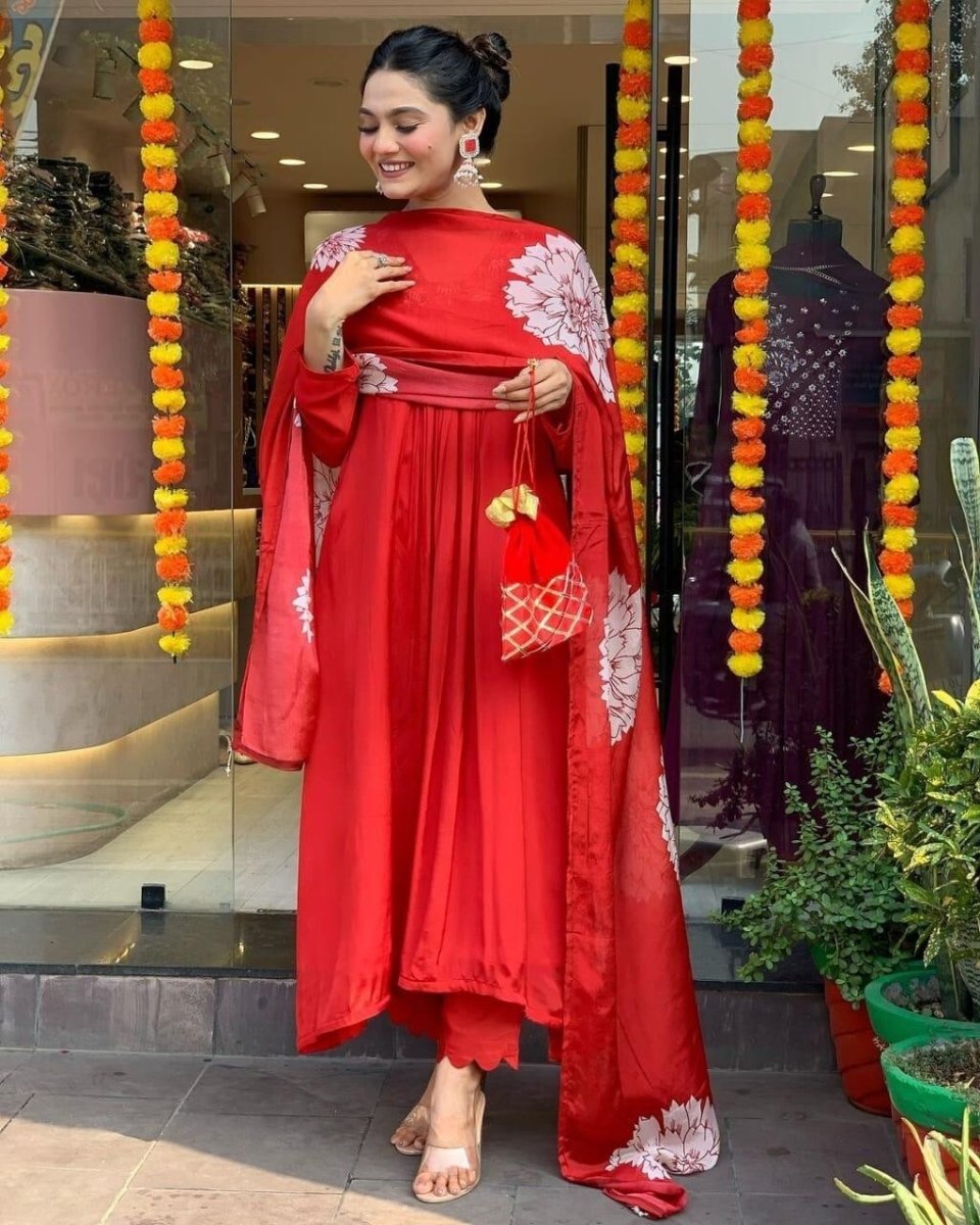Women’s Red Cotton Anarkali Gown Suit – Bollywood Wear, Pakistani Designer Style - 001FASHIONFORWARD