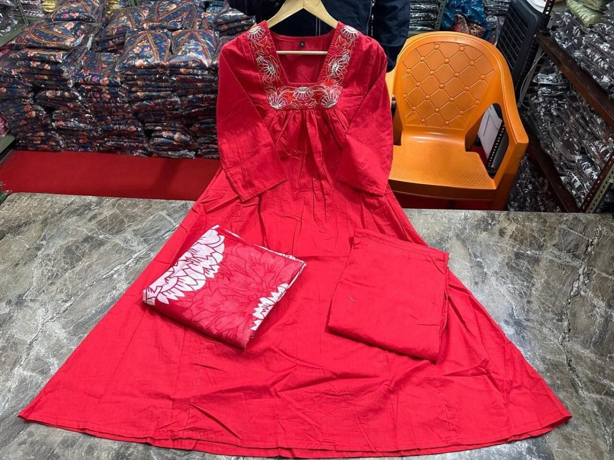 Women’s Red Cotton Anarkali Gown Suit – Bollywood Wear, Pakistani Designer Style - 001FASHIONFORWARD