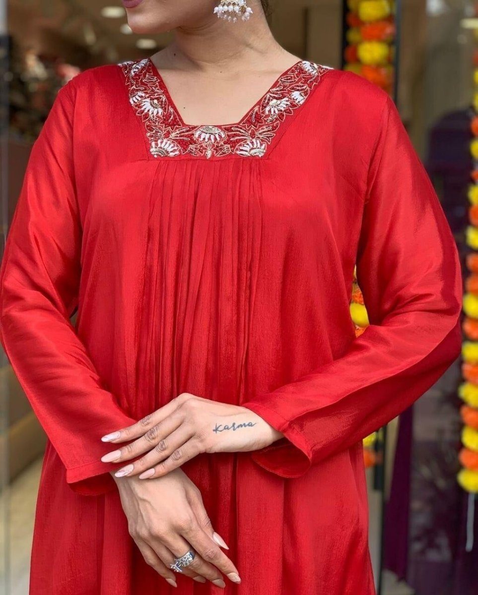 Women’s Red Cotton Anarkali Gown Suit – Bollywood Wear, Pakistani Designer Style - 001FASHIONFORWARD