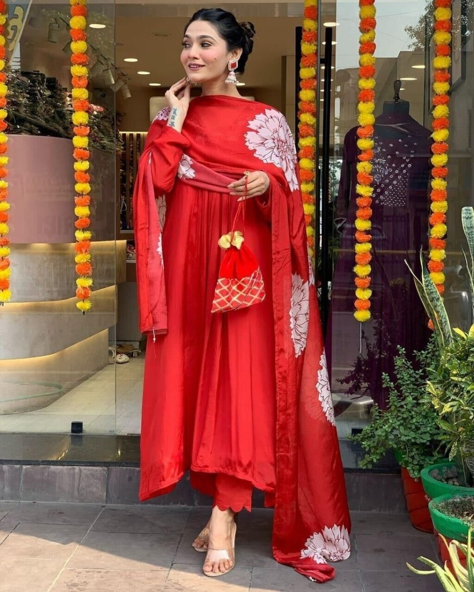 Women’s Red Cotton Anarkali Gown Suit – Bollywood Wear, Pakistani Designer Style - 001FASHIONFORWARD