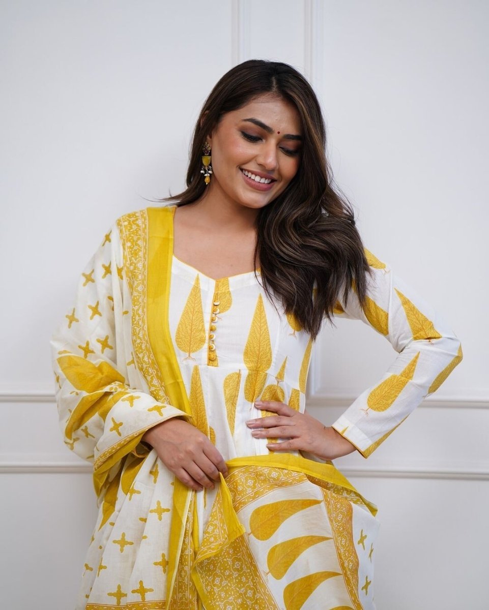 Yellow bollywood Wear anarkali Flared suit Gown Indian pakistani Designer Cotton - 001FASHIONFORWARD