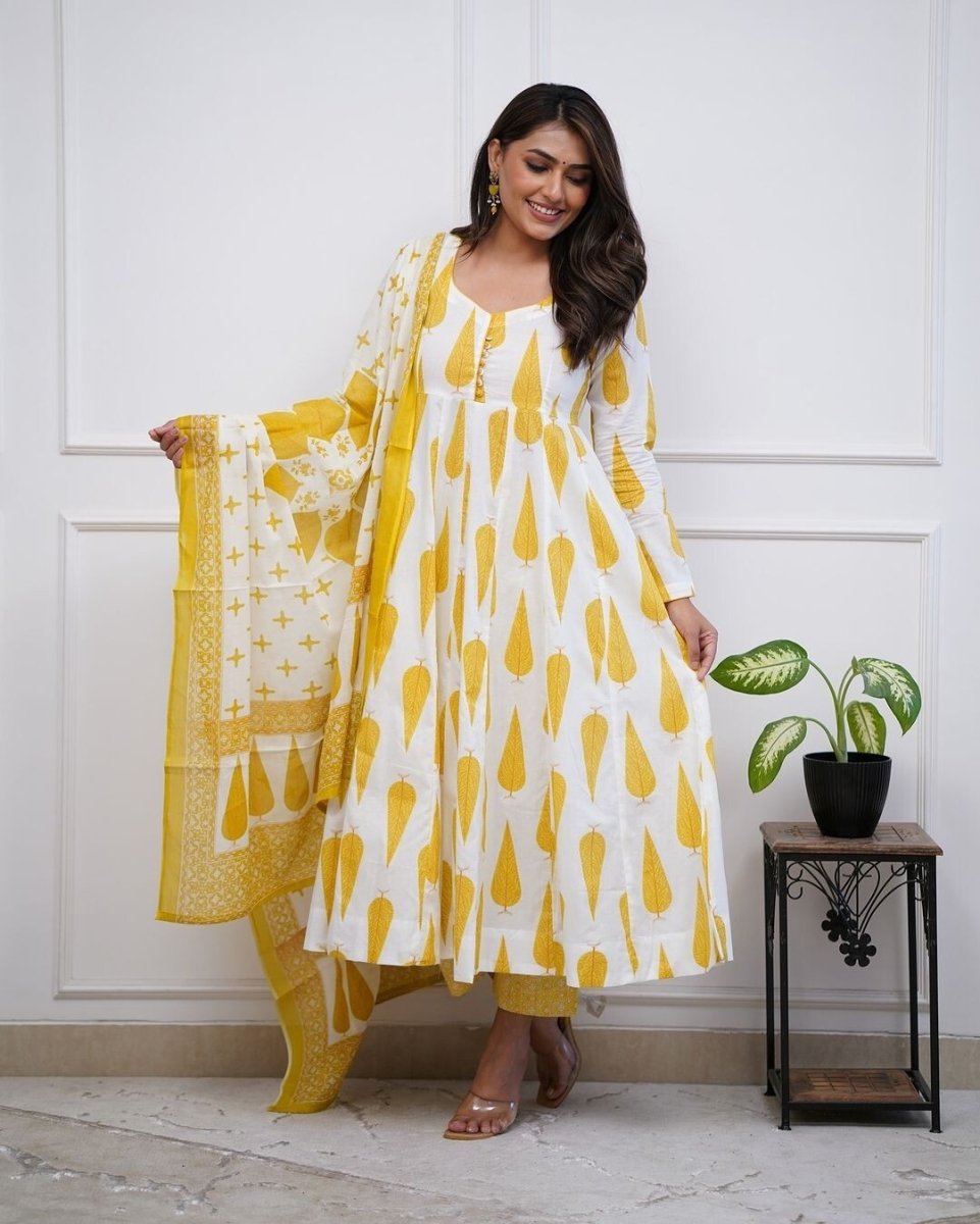 Yellow bollywood Wear anarkali Flared suit Gown Indian pakistani Designer Cotton - 001FASHIONFORWARD