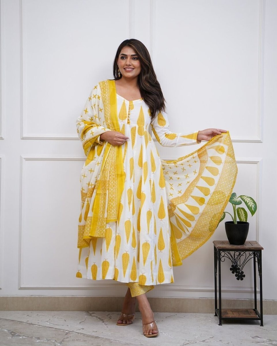 Yellow bollywood Wear anarkali Flared suit Gown Indian pakistani Designer Cotton - 001FASHIONFORWARD