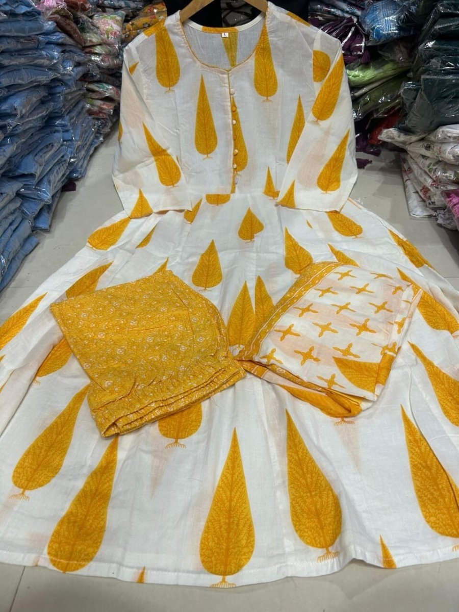 Yellow bollywood Wear anarkali Flared suit Gown Indian pakistani Designer Cotton - 001FASHIONFORWARD