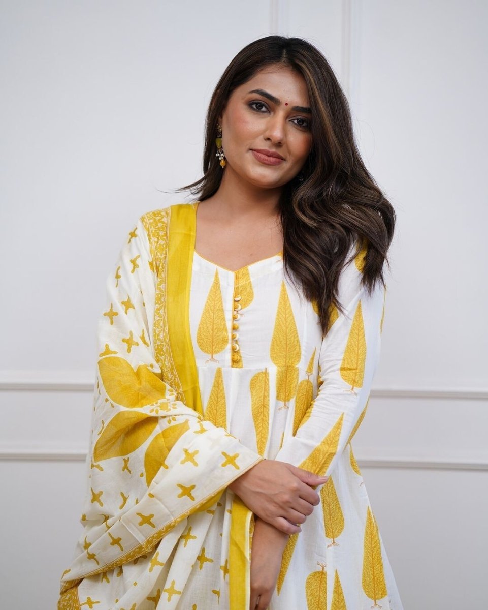 Yellow bollywood Wear anarkali Flared suit Gown Indian pakistani Designer Cotton - 001FASHIONFORWARD