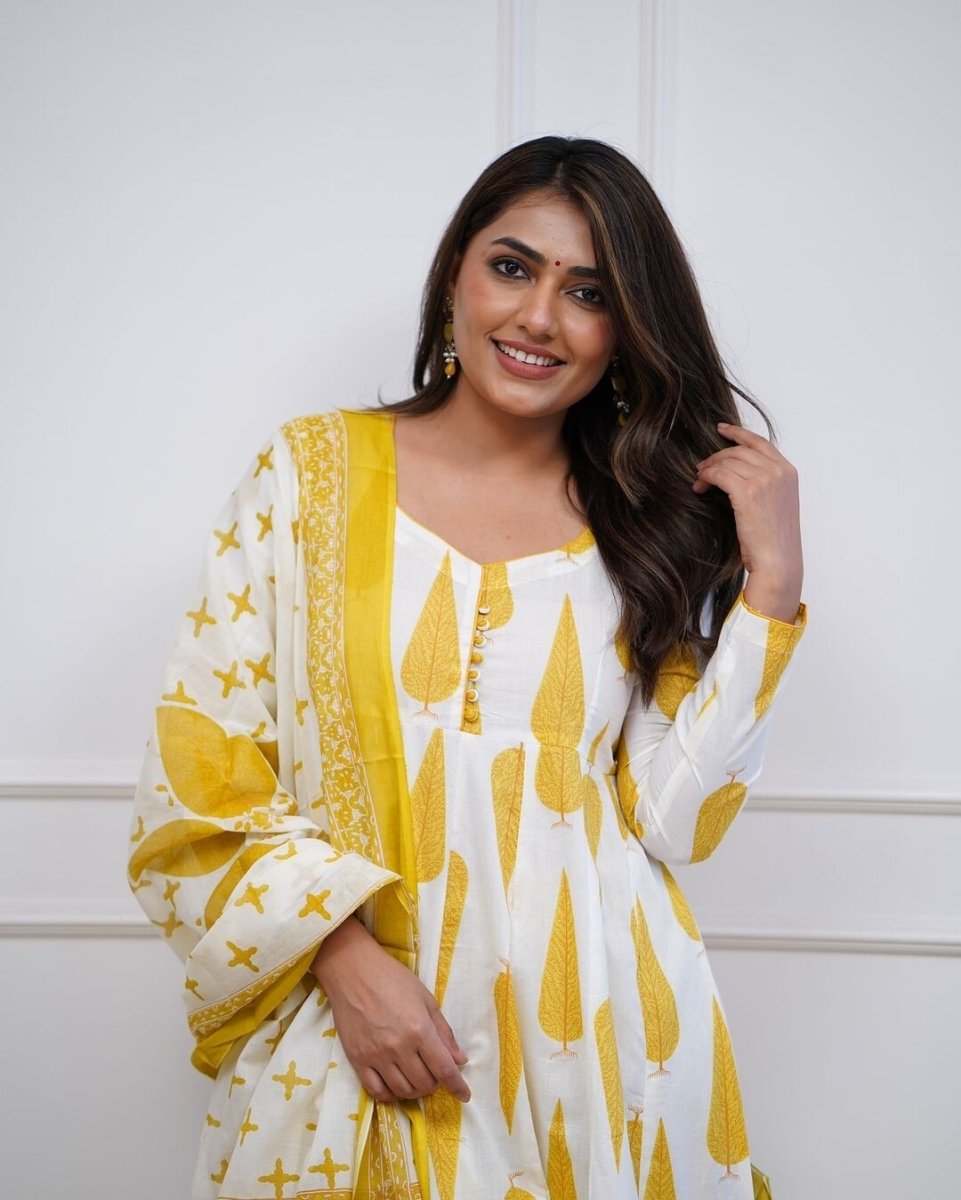 Yellow bollywood Wear anarkali Flared suit Gown Indian pakistani Designer Cotton - 001FASHIONFORWARD