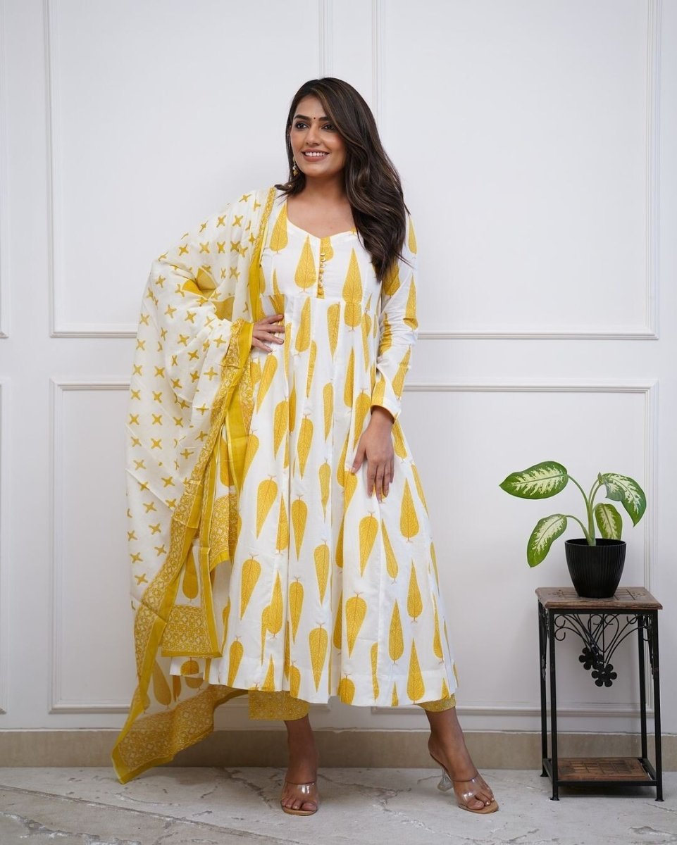 Yellow bollywood Wear anarkali Flared suit Gown Indian pakistani Designer Cotton - 001FASHIONFORWARD
