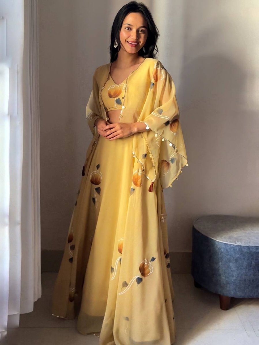 Yellow Georgette lehanga With Hand Painted & Lace Work - 001FASHIONFORWARD