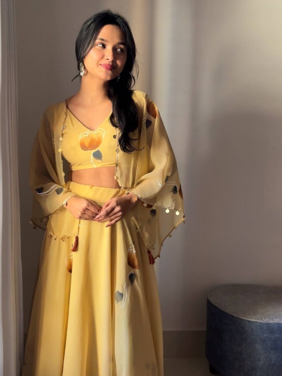 Yellow Georgette lehanga With Hand Painted & Lace Work - 001FASHIONFORWARD