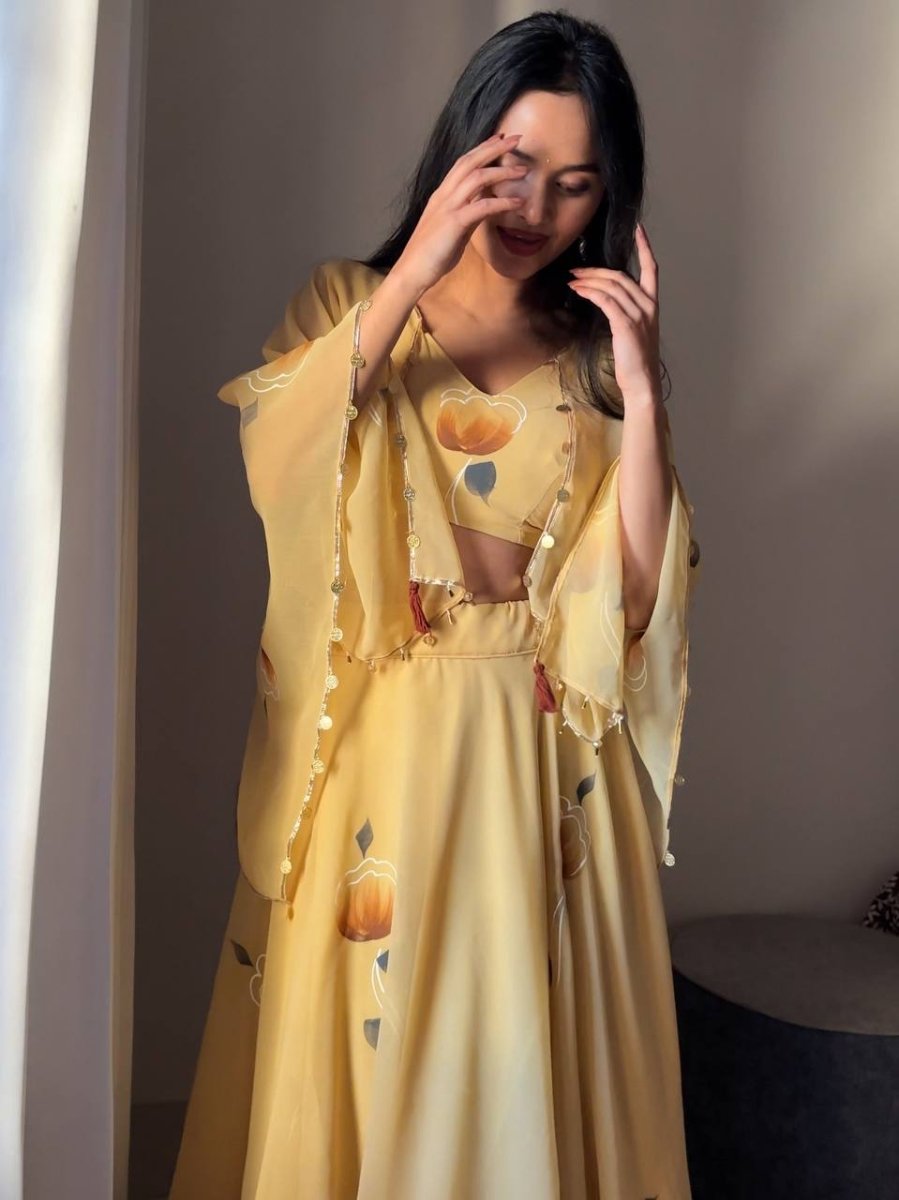 Yellow Georgette lehanga With Hand Painted & Lace Work - 001FASHIONFORWARD