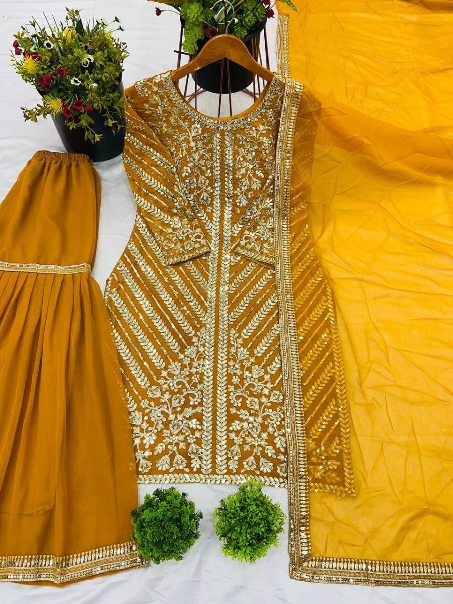 Yellow Georgette Sharara suirt Kameez with Dupatta for Women & Girls (3PC Set) - 001FASHIONFORWARD