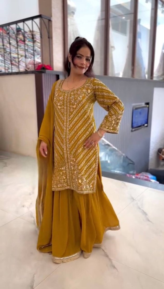 Yellow Georgette Sharara suirt Kameez with Dupatta for Women & Girls (3PC Set) - 001FASHIONFORWARD