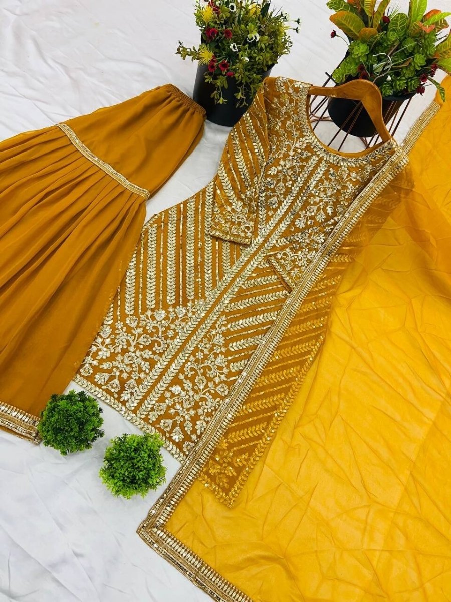 Yellow Georgette Sharara suirt Kameez with Dupatta for Women & Girls (3PC Set) - 001FASHIONFORWARD