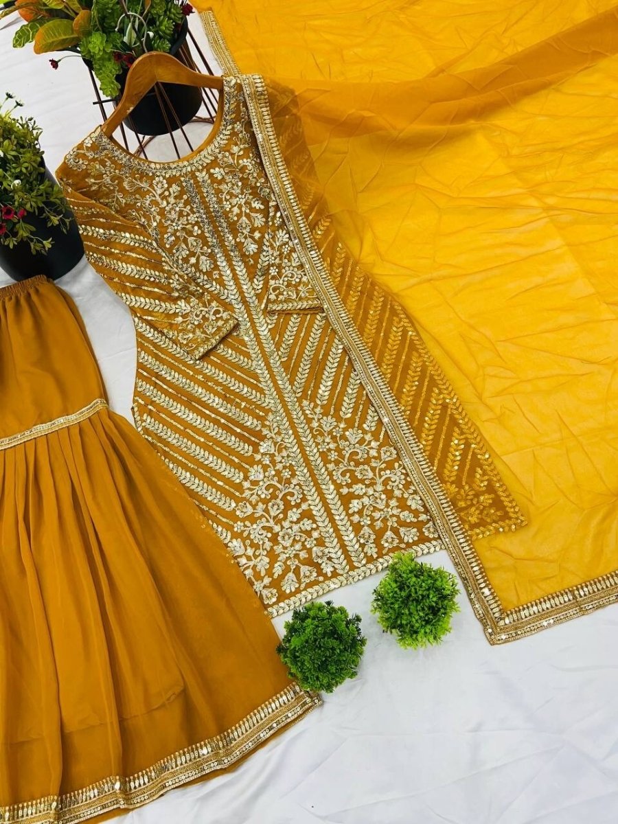 Yellow Georgette Sharara suirt Kameez with Dupatta for Women & Girls (3PC Set) - 001FASHIONFORWARD