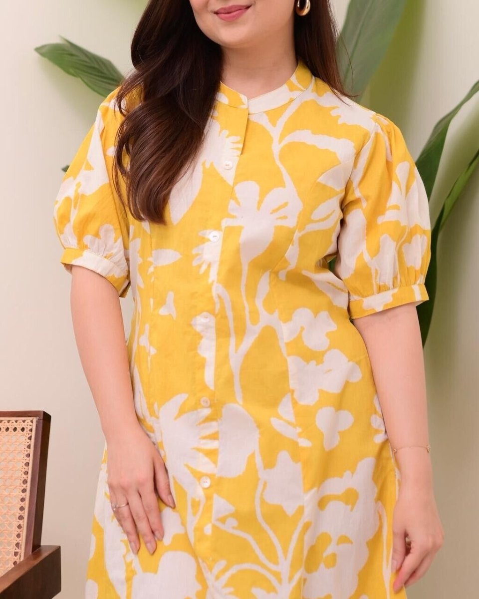 Yellow Printed Outfit for Women Indian Paksitani Anarkali Gown - 001FASHIONFORWARD