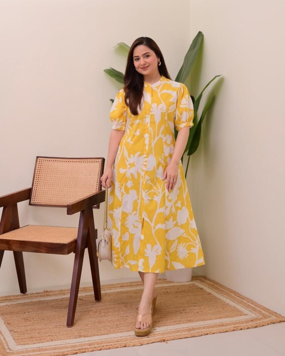 Yellow Printed Outfit for Women Indian Paksitani Anarkali Gown - 001FASHIONFORWARD