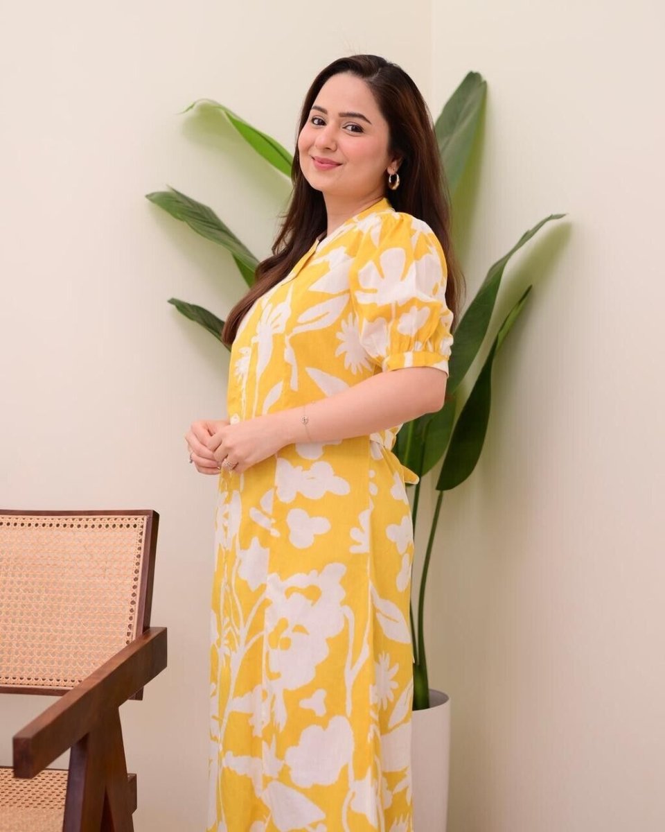Yellow Printed Outfit for Women Indian Paksitani Anarkali Gown - 001FASHIONFORWARD