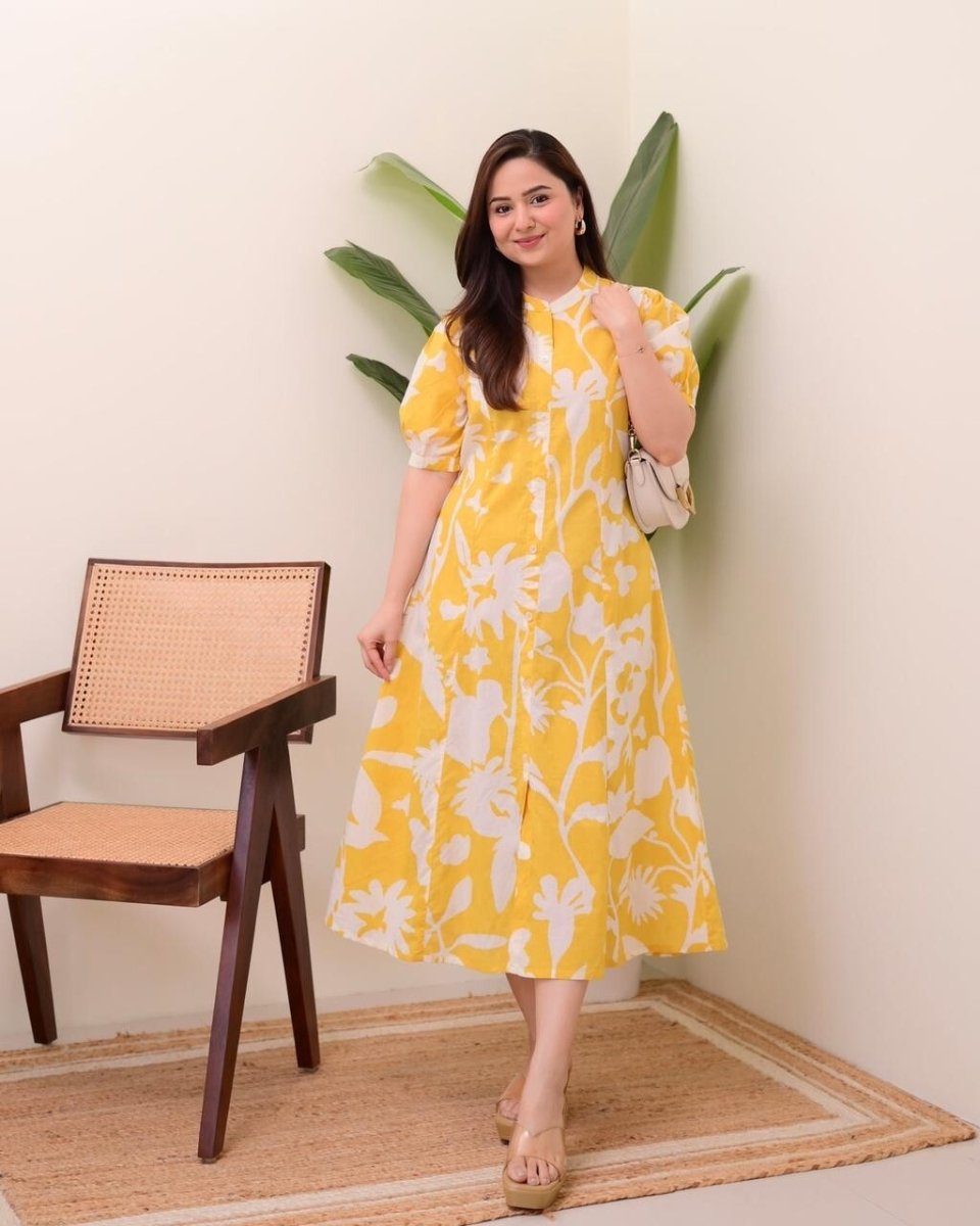 Yellow Printed Outfit for Women Indian Paksitani Anarkali Gown - 001FASHIONFORWARD