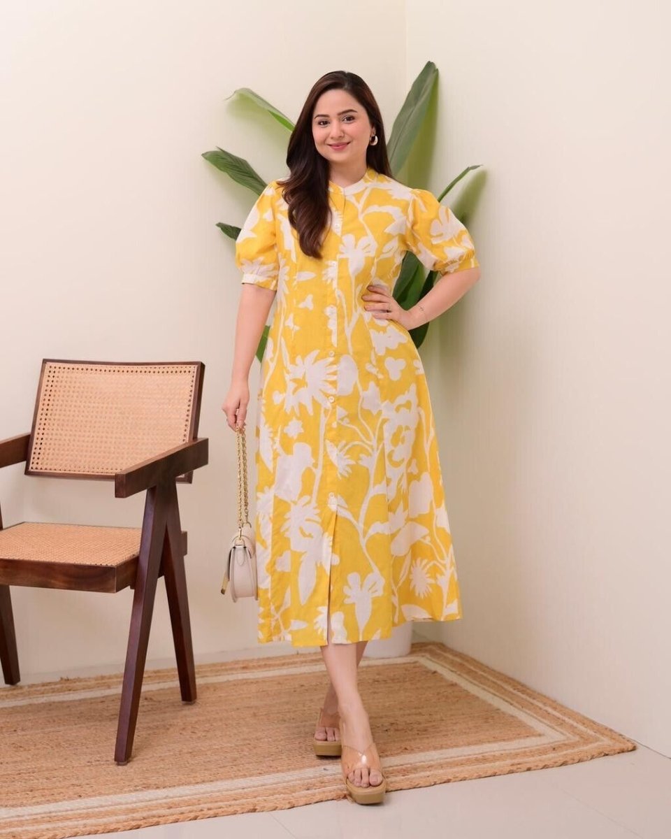 Yellow Printed Outfit for Women Indian Paksitani Anarkali Gown - 001FASHIONFORWARD