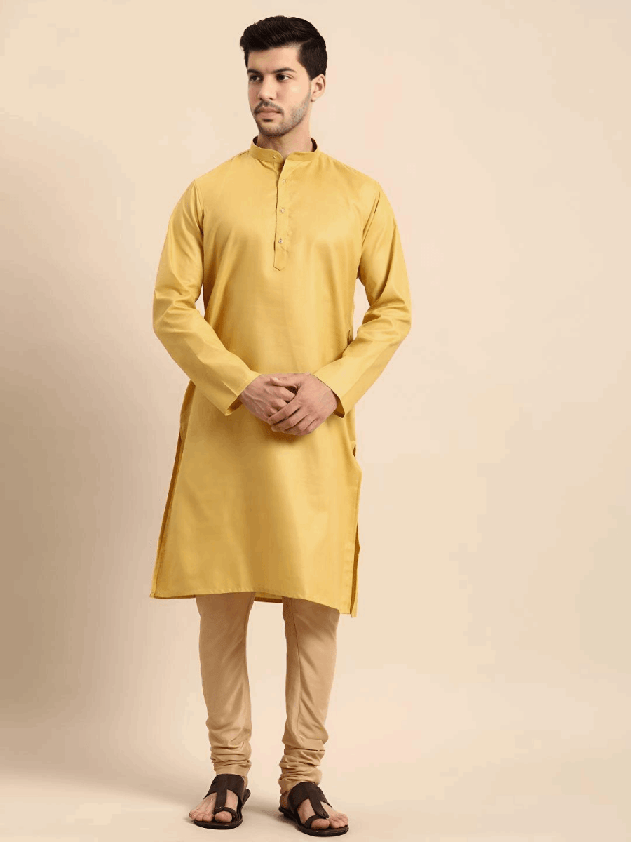 Yellow Pure Cotton Haldi Men’s Long Kurta Tunic Party Wear Solid Indu - 001FASHIONFORWARD