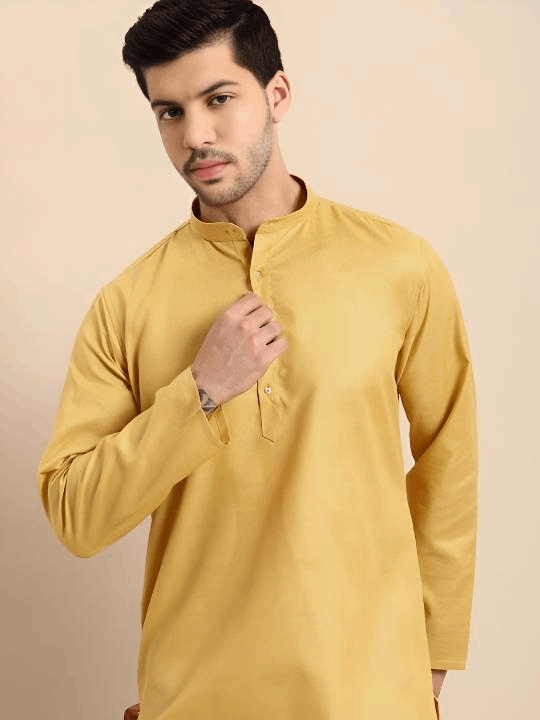 Yellow Pure Cotton Haldi Men’s Long Kurta Tunic Party Wear Solid Indu - 001FASHIONFORWARD