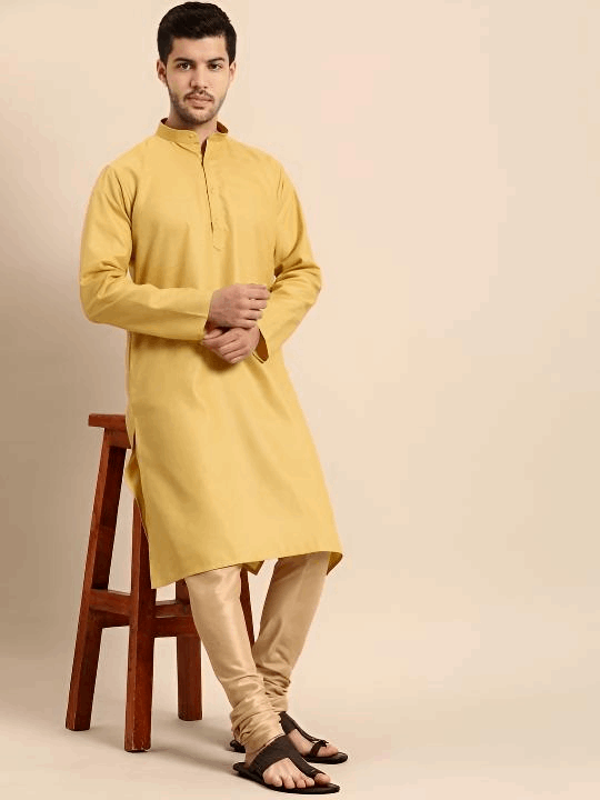 Yellow Pure Cotton Haldi Men’s Long Kurta Tunic Party Wear Solid Indu - 001FASHIONFORWARD
