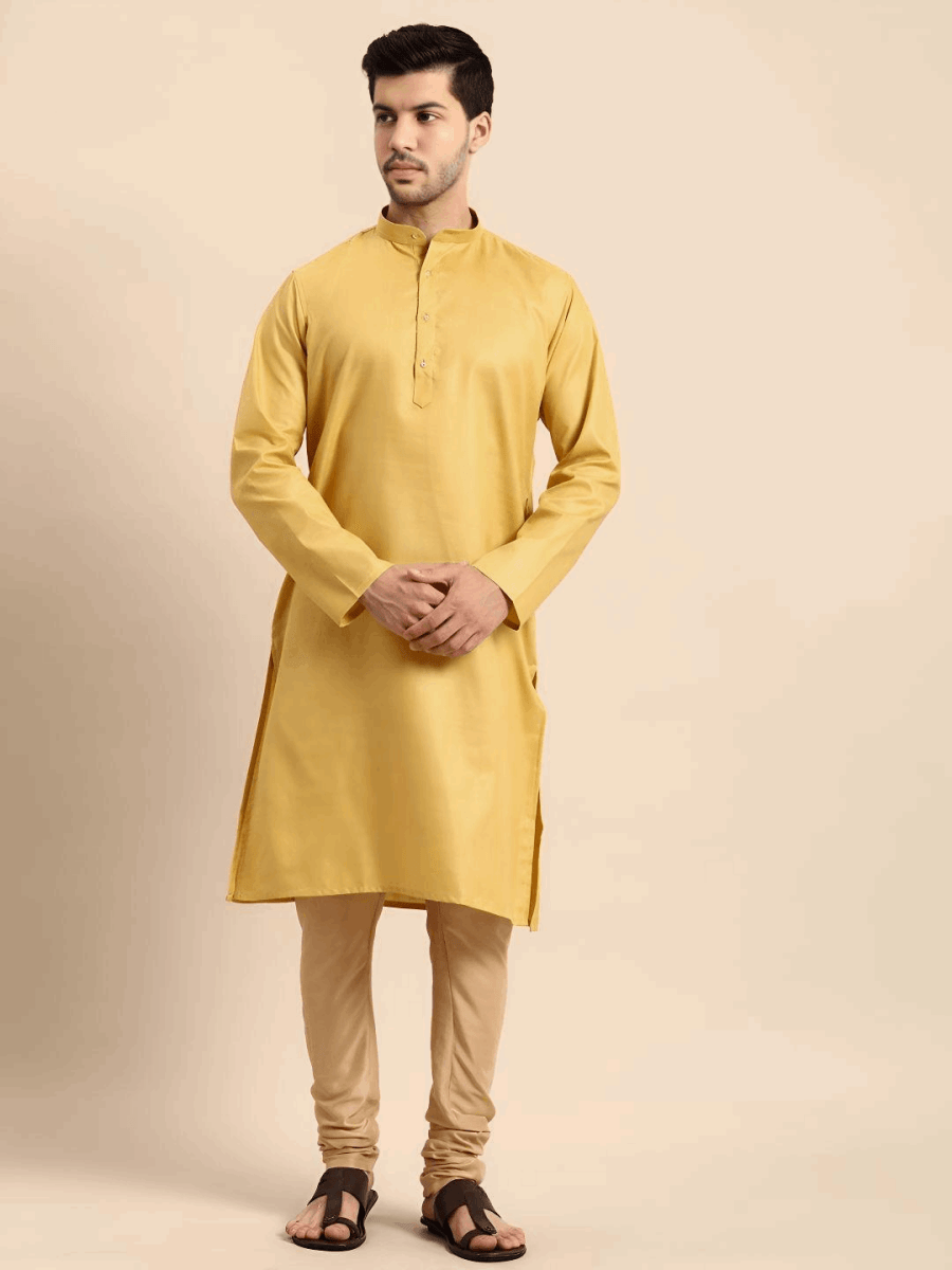 Yellow Pure Cotton Haldi Men’s Long Kurta Tunic Party Wear Solid Indu - 001FASHIONFORWARD